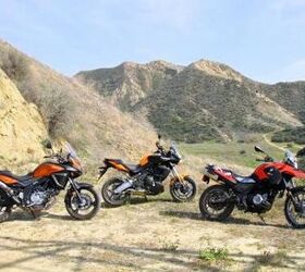 2012 650 adventure tourer shootout video motorcycle com, The Kawasaki Versys BMW G650GS and Suzuki V Strom 650 ABS blend everyday livability with a willingness to seek out roads less known Price tags below 10 000 are a nice bonus too