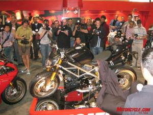 2008 los angeles international motorcycle show, The IMS show was packed with journalists on opening day when many new production and custom bikes were unveiled Seen here is the North American debut of the Ducati Streetfighter