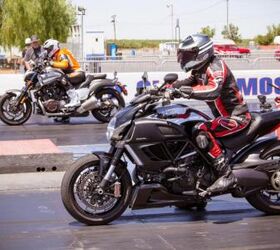 2012 ducati diavel cromo vs star vmax video motorcycle com, The revvy nature of the Ducati Twin made holding a steady RPM difficult while waiting for the lights It preferred to launch at 4500 rpm while the VMAX s best launches were made at 5100 rpm