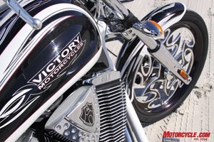 2009 victory cory ness signature jackpot review motorcycle com, Check out the bitchin diamond cut cylinder fins and billet Landshark wheels