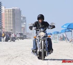 2009 victory cory ness signature jackpot review motorcycle com, The fat rear tire works well on the sand but Fonzie found out the skinny front tire has a tendency to knife into soft surfaces
