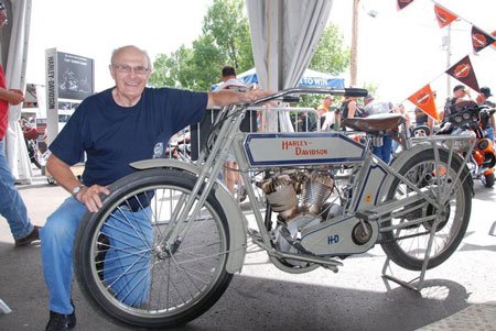 2010 sturgis rally report, Ralph Gullickson poses proudly with his family s 1914 Harley Model 10 E Photo courtesy of the Harley Davidson Museum s Facebook page