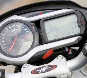 2012 mv agusta brutale r 1090 review motorcycle com, Two LCD panels display lots of info but a lack of contrast makes readouts hard to see