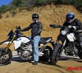2010 aprilia dorsoduro 750 vs ducati hypermotard 796 motorcycle com, A pair of dorks aboard a pair of what we re calling urbanmotards Are the Aprilia Dorsoduro 750 and Ducati Hypermotard 796 part of the new face of urban supermotoing We were eager to find out