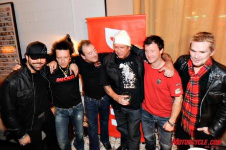 ducati all stars concert, Ducati North America CEO Michael Lock is book ended by Frankie Perez and Billy Morrison on his right and Steve Jones Superbike racer Larry Pegram and Mark McGrath on his left