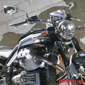 2007 moto guzzi griso 1100 motorcycle com, Looks like the real thing but it s more like cubic zirconium Many of the shiny bits like the headlamp nacelle turn signals instrument cluster housing mirror backs etc are actually chromed plastic