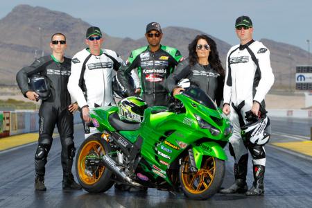 kawasaki zero to hero challenge, Of the many who entered Robert Parker far left Shawn Ellison Angie Young and Jim Markham were chosen to do battle with drag racing legend Rickey Gadson center