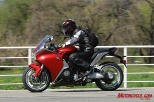 2010 bmw k1300s vs honda vfr1200f shootout motorcycle com, The VFR s bars are slightly higher than the K1300 s but it has a slightly shorter seat to peg distance