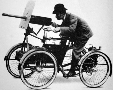 motorcycle history part 1, Three and four wheeled contrivances came in all sizes and purposes This 1889 Motor Scout carried a Maxim machinegun 1000 rounds of ammo and 120 miles of fuel and was designed and built by British manufacturer Frederick Reginald Simms
