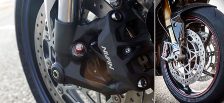 2013 triumph daytona 675r review motorcycle com, Ohlins provides the NIX30 fork TTX36 shock not shown and Brembo brakes on the R model right Standard bikes get monobloc Nissin calipers and KYB fully adjustable suspension