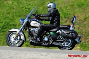 2009 kawasaki vulcan 1700 lt review motorcycle com, The Vulcan s relatively compact ergos provided a comfortable fit for our 5 foot 8 inch test dummy but the bars are set too far rearward for those on the tall side of 6 feet Rotating the bars forward in their clamps would open up the riding position