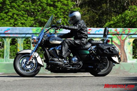 2009 kawasaki vulcan 1700 lt review motorcycle com, A rider s legs are able to tuck in around the Vulcan s narrow midsection despite the 5 3 gallon tank s width