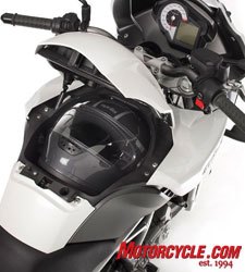 2009 aprilia mana gt abs review motorcycle com, A full face helmet fits comfortably in the dummy tank