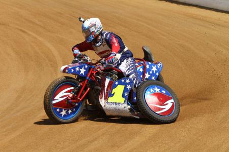 speedway grand prix in america, Speedway sidehacks are powered by liter size multi cylinder engines Yes that s the foot of the monkey hanging off the inside of the bike to help the pilot navigate the corner