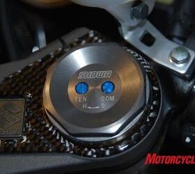 2009 suzuki dealer show report motorcycle com, Seen here are the new adjustment points rebound and compression damping on the new 43mm Showa Big Piston Fork BPF that on the GSX R1000 is also nitride coated