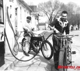 master restorer bob davis, Bob and friend Jeff fill up two of Bob s bike a 1909 Harley beltdrive and a 1914 1000cc Thor twin seen here in a photo taken more than a half century ago