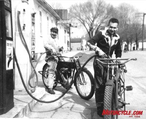 master restorer bob davis, Bob and friend Jeff fill up two of Bob s bike a 1909 Harley beltdrive and a 1914 1000cc Thor twin seen here in a photo taken more than a half century ago