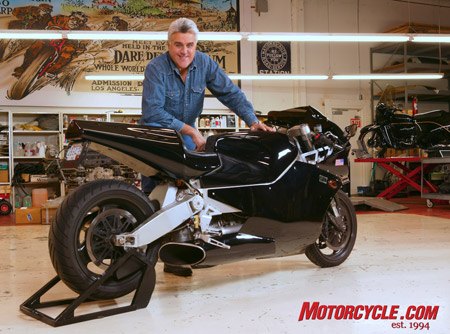 jay leno s garage, Late night funny man Jay Leno with his Y2K jet powered car bumper melting motorcycle
