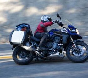 2012 adventure touring shootout video motorcycle com, Sweet threesome the Triumph has a wonderful motor but as you ll hear and hear again the bike s a top heavy sumbitch