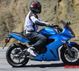 2010 kawasaki ninja 650 vs 2009 suzuki gsx650f vs 2010 yamaha fz6r motorcycle com, See the ramp in the Ninja saddle Tom is scooched all the way against the tank As soon as taller riders try to slide back it s an uphill battle