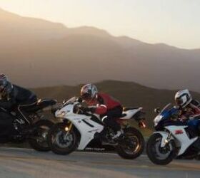 2011 middleweight sportbike shootout street video motorcycle com, The Ducati 848 EVO Suzuki GSX R and Triumph Daytona 675R represent a triad of modern high performance sportbikes in a nonexistent class of their own