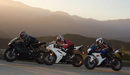 2011 middleweight sportbike shootout street video motorcycle com, The Ducati 848 EVO Suzuki GSX R and Triumph Daytona 675R represent a triad of modern high performance sportbikes in a nonexistent class of their own