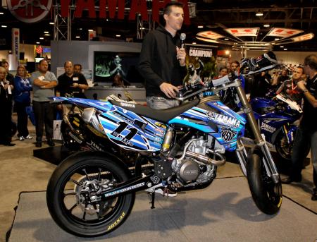 2010 long beach progressive ims report, Ben Spies who had not set eyes on his new blue Yamaha supermoto until it was unveiled Friday answers some general questions from the audience