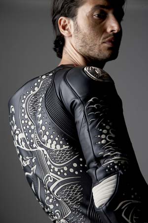 featured motorcycle brands, The white tattoo designs were formed by cutting away the black outer layer to reveal the white kangaroo skin