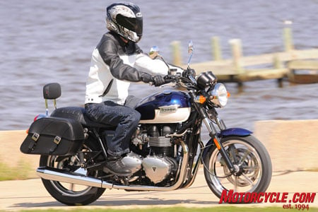2009 triumph bonneville review motorcycle com, Lots of accessories are available for the Bonnevilles like the leather saddlebags and seat back seen here on the SE model