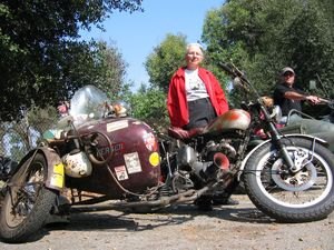 2004 griffith park sidecar rally, Susie Ellsworth Phelps 1950 Triumph Thunderbird is not falling apart her dad who raced the rig built it using parts from Plymouth and Buick autos