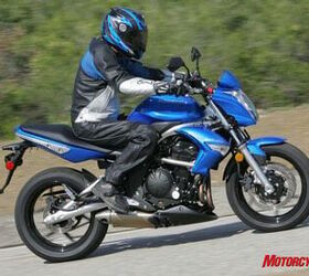 2009 kawasaki er 6n review motorcycle com, A sporty yet comfortably upright riding position accommodates most everyone but tall riders might want to fit a thicker saddle to expand the seat to peg distance
