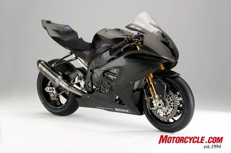 2009 bmw s1000rr preview motorcycle com, The S1000RR development bike includes radial mount brakes and a high tech gas charged fork