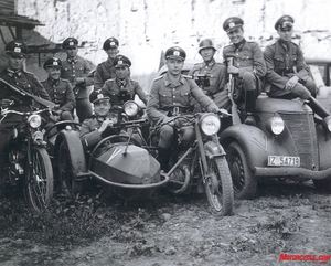 bikes of the blitzkrieg, Mechanized Police A Police Unit poses with their machinegun equipped DKW sidecar while their comrades carry Schmeisser submachineguns Similar units of the Police and SS einsatzgruppen took part in the so called spezial aktions that left mass graves in their wake across Eastern Europe