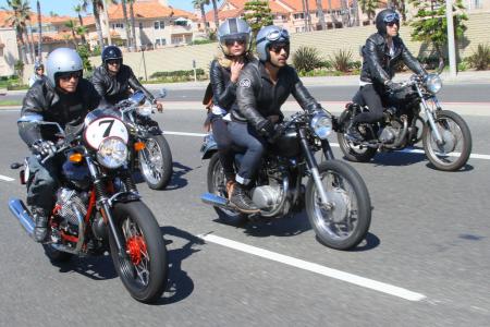 2011 moto guzzi v7 racer review motorcycle com, A little fancier than the rest but the V7 Racer fits right in with the caf racer crowd at a recent Mods vs Rockers event in SoCal