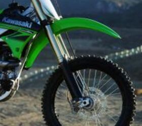 2010 kawasaki kx450f review motorcycle com, Beefy 48mm fork with anti stiction DLC surface for finer bump absorption