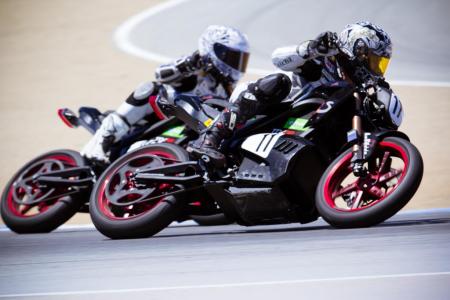 2012 fim e power ttxgp laguna seca race report, Ted Rich 11 and Kenyon Kluge battle for the e Superstock award on production Zero S models Kluge would eventually emerge the winner