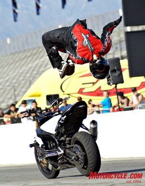 2008 xdl sportbike freestyle championship round 3 pomona, 13th place finisher Aaron Twite with one of the more spectacular acrobatic moves of the day dismounting from his bike in a back flip