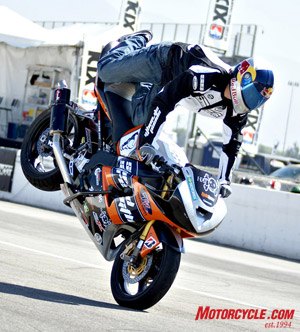 2008 xdl sportbike freestyle championship round 3 pomona, Red Bull rider Aaron Colton working on his routine in practice