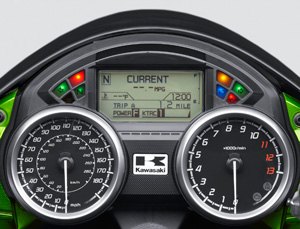 2012 kawasaki ninja zx 14r preview motorcycle com, New instrument cluster includes displays for KTRC and power mode selection Analog dials for the speedo and tach nicely balance the gauge package