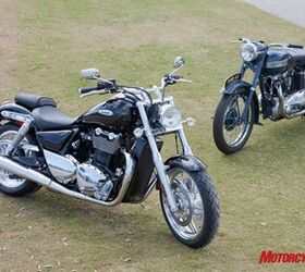 2010 triumph thunderbird review motorcycle com, A 1950 Thunderbird poses with Triumph s new iteration Marlon Brando famously rode the original T Bird in The Wild One