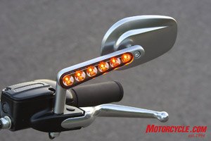 2009 harley davidson vrscf v rod muscle review motorcycle com, LED turn signals integrated into the stalks of the stylish mirrors is a nice match to the LED light combo at the rear
