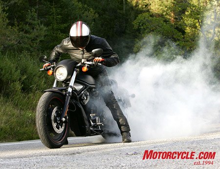 2007 harley davidson night rod special review motorcycle com, Starting a burnout is no trouble but that enormous rear tire really likes to grip the road