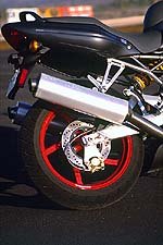 motorcycle com, The Ducati features a nice Ohlins shock working without linkage and a new 40 percent stiffer swingarm