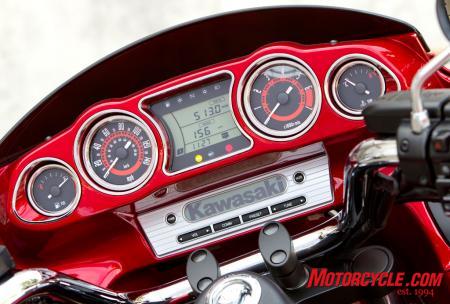 2011 kawasaki vulcan 1700 vaquero review motorcycle com, The Vaquero s comprehensive sound system is ready to accept XM radio and music from your iPod after adding necessary accessory adapters The red bike s inner fairing receives a second paint treatment to ensure a smooth glossy finish