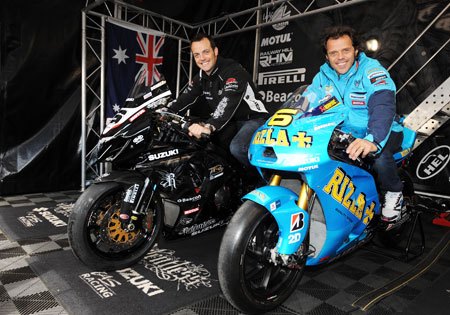 2010 isle of man tt recap, Rizla Suzuki s Loris Capirossi rode a lap of the Mountain Course on a Suzuki GSX R1000 Relentless Suzuki racer Cameron Donald took Capirossi s Suzuki GSV R MotoGP bike for a spin reaching a record top speed of 202 mph on the Sulby straight section