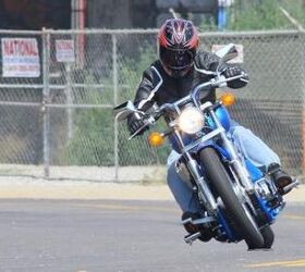 2011 honda sabre review motorcycle com, Maximum lean angle almost achieved Lean her over just a little more and hard parts will start to make contact with the ground Clearly the Sabre wasn t meant to perform stunts like this