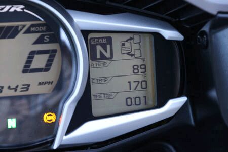 2013 yamaha fjr1300a review motorcycle com, Vital information is displayed in the easy to read info screen on the right side of the gauge cluster which itself is customizable allowing the rider to place menu items where they please Note also the large gear position indicator