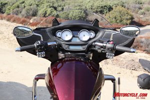 2010 victory cross country review motorcycle com, Lots of easily read data in the CC s dash comes courtesy of a dash inherited from the Vision