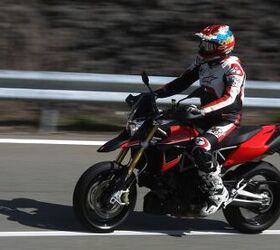2012 aprilia dorsoduro 1200 review motorcycle com, The Dorso s riding position is very dirtbike esque although its saddle is a smidge more comfortable than a normal dirtbike