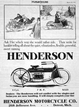motorcycle history part 2, An ad appearing on March 28 1912 in the pages of The Motorcyclist magazine touts the passenger accommodations of the Henderson